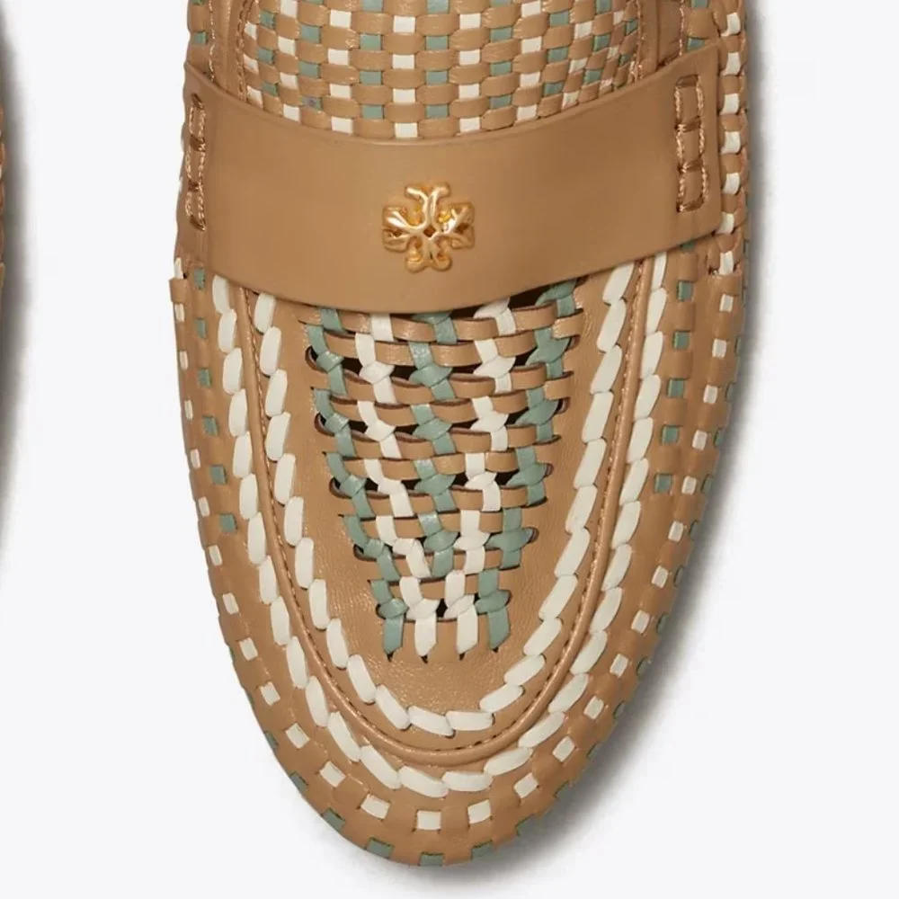 Tory Burch $348 Woven Ballet Loafer Flats Tan Blue SUPER COMFY!